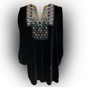 Zara Dress Womens Small Black Velvet Needle Point Bib Long Sleeve Mini Bohemian